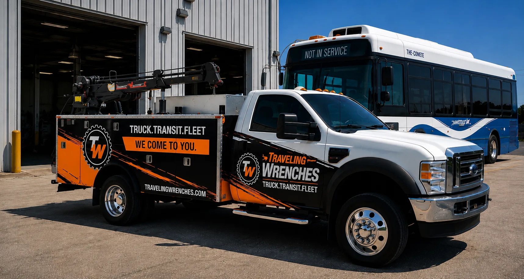 Traveling Wrenches branded mobile service truck with crane beside a transit bus at a customer facility